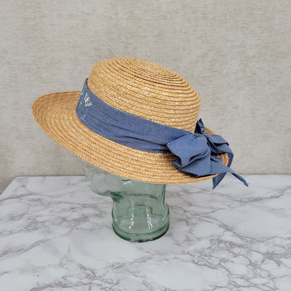 Vintage Straw Sun Hat with Blue Ribbon Bow Embroidered Flowers Cottagecore - Picture 6 of 8